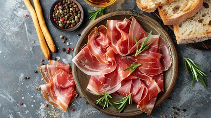Slices of prosciutto di parma or jamon serrano (iberico) on a black plate