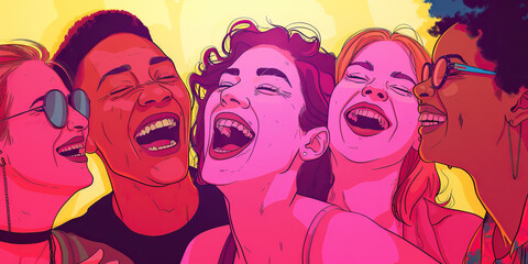 Obraz premium Soft Pink MDMA: A group of friends laugh and dance together, lost in the euphoria of the moment