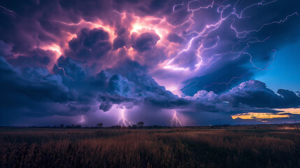 intense lighting storm, big clouds, ground strikes