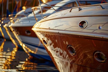 Tranquil harbor  private boats at sunset with golden hour light, perfect for text placement