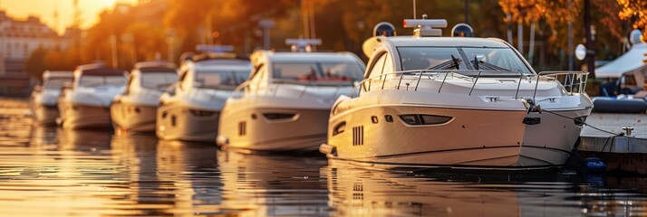 Golden hour light on private boats in a serene harbor, ideal for text placement and creative designs