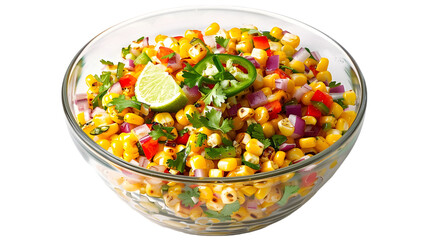  Spicy street corn salad in a glass bowl, with charred corn kernels, diced red onion, bell pepper, transparent background