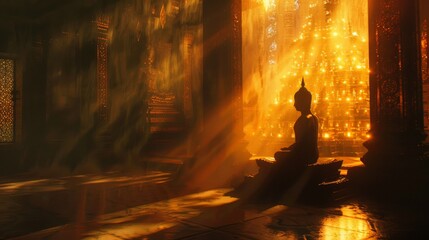 Sacred ambiance: shadow of a Buddha statue against a temple's glowing interior, radiating serenity.