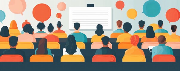 Group of diverse people sitting in a room, listening to a lecture or presentation.