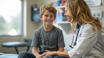 Obraz premium Physical therapist doing balance test medical exam with a boy