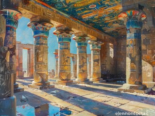 Obraz premium An illustration in a painterly style of an ancient Egyptian temple with pillars.