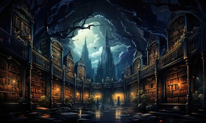 Obraz premium Library background flat design side view luxurious manuscript archive theme animation Tetradic color scheme