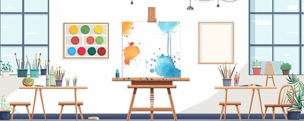 The photo shows a colorful and inspiring art studio