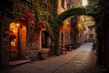 Fototapeta premium Early Morning in a Charming European Alleyway with Cobblestone Streets and Ivy-Clad Buildings