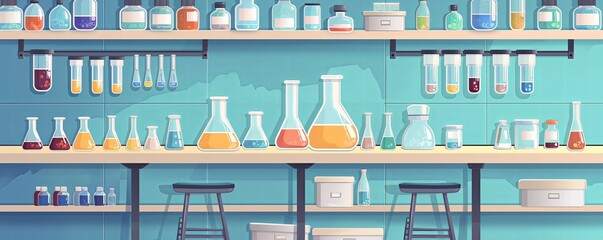 The shelves in the laboratory are filled with various experimental equipment.