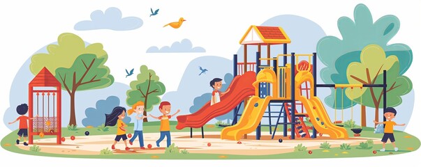 The playground is full of happy children playing on the swings, slide, and monkey bars.