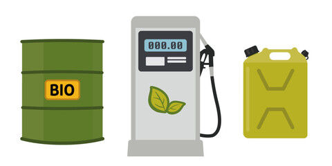 Biofuel vector illustration graphics. Eco friendly fuel pump, bio fuel barrel and jerry can. 