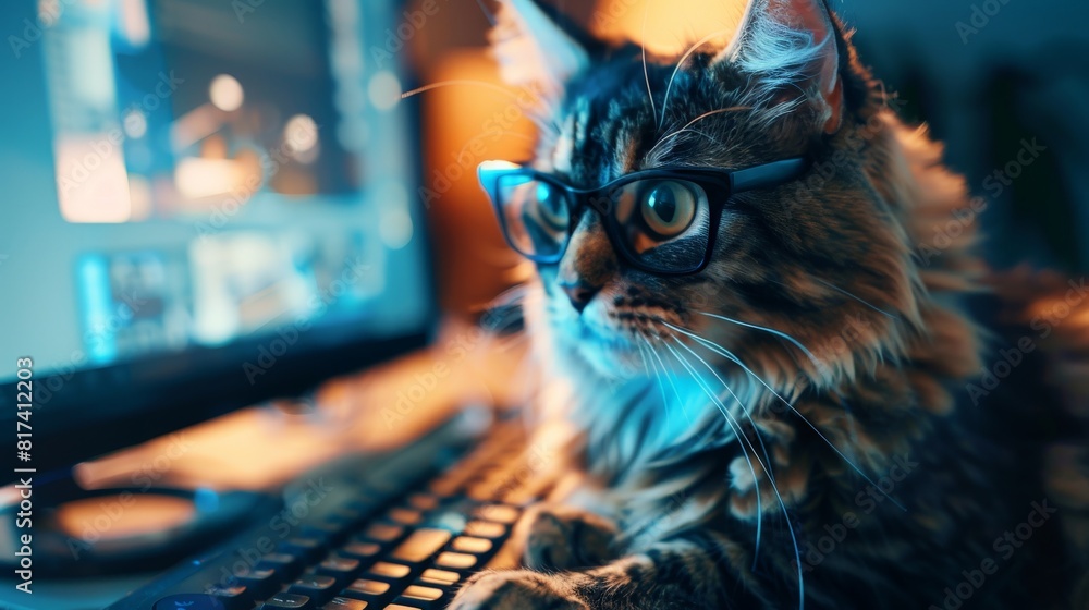 Poster tech-savvy cat in glasses, engrossed in computer activity, demonstrating the innate curiosity of fel