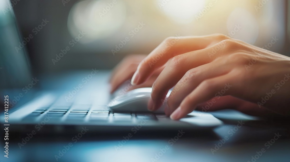 Aufkleber tech-savvy consumer: hands clicking on a computer mouse to explore and buy products online.