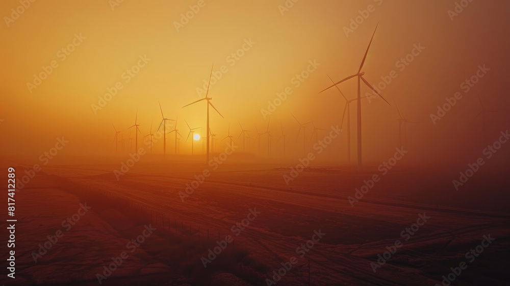 Poster in the fading light of day rows upon rows of wind turbines continue to generate renewable energy.