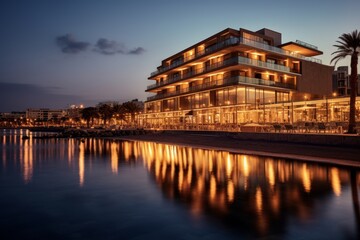 Naklejka premium Luxurious Seaside Hotel Bathed in the Warm Glow of a Setting Sun