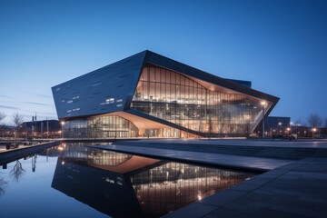 An Illuminated Public Works Building Signifying the Backbone of City Infrastructure