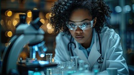Portrait of a medical researcher working on groundbreaking innovations, with a lab setting and modern medical tools