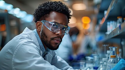 Portrait of a medical researcher working on groundbreaking innovations, with a lab setting and modern medical tools
