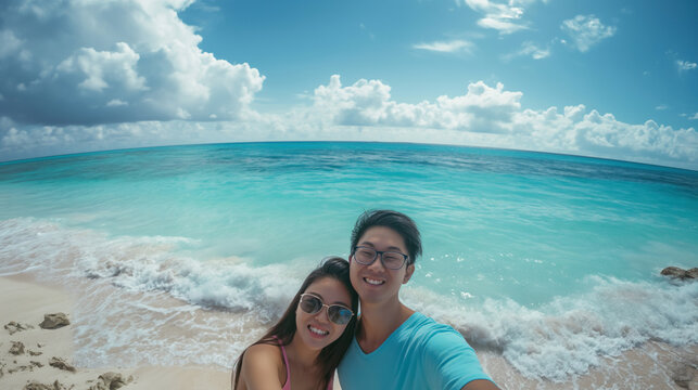 an Asian couple take a selfie photo triumphantly hold each other. - Powered by Adobe