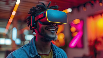 Portrait of happy man wearing virtual reality glasses isolated on background with copy space