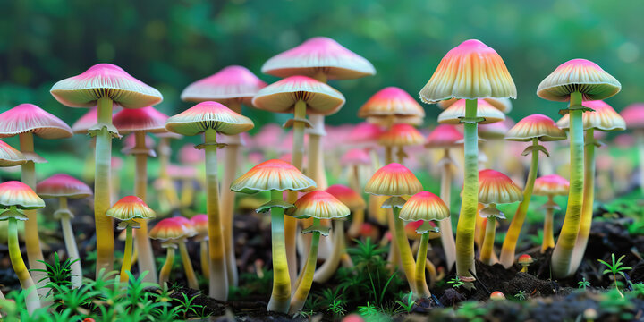 A field of psychedelic mushrooms sits atop a forest floor, their bright hues popping against the rich earth