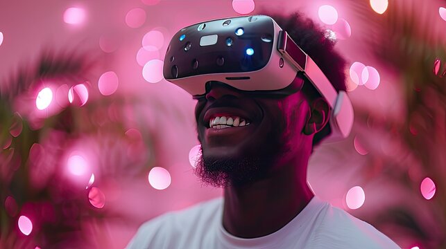Portrait of happy man wearing virtual reality glasses isolated on background with copy space - Powered by Adobe