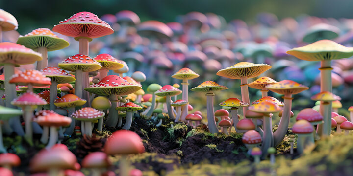 A field of psychedelic mushrooms sits atop a forest floor, their bright hues popping against the rich earth