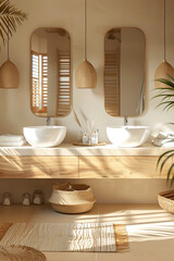 Double basin bathroom with natural textures and minimalist design.