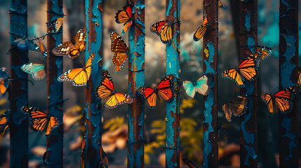 A rusted metal gate overrun with colorful butterflies, reclaiming their territory.