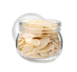 Fresh almond flakes in jar isolated on white