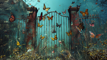 A rusted metal gate overrun with colorful butterflies, reclaiming their territory.