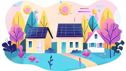 Fototapeta premium Generate an illustration of a few houses in a rural setting. The houses should have solar panels on their roofs. The illustration should be colorful and have a modern feel.