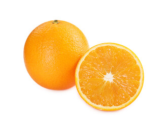 Whole and cut ripe oranges isolated on white