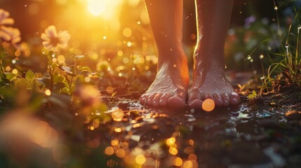 cute feet of a teenager in a garden with water drops from rain with the sun in the background in high resolution and quality