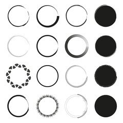 Assorted circular shapes collection. Black and white round elements set. Geometric and abstract circles. Vector illustration. EPS 10.