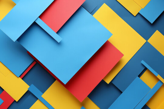 Abstract geometric 3D blank paper pieces pattern for background with blue, yellow and red colors, modern design style, minimalist - Powered by Adobe