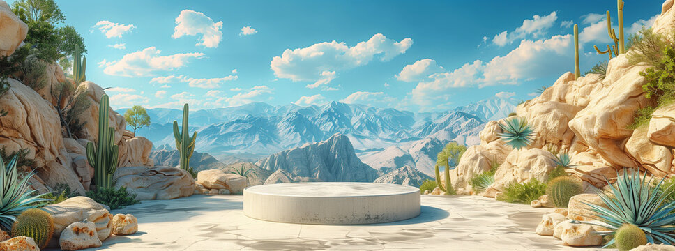 3D Render of Abstract Background with Round Podium and Cacti