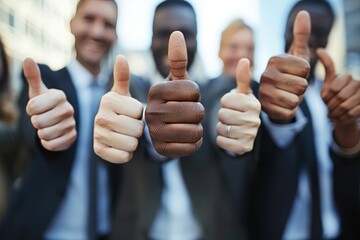 Close up of business professionals showing thumbs up gestures on blurred background