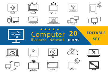 Computer business network Pixel perfect icons. Web icons set. Network, media, setup, technology. minimal thin line web icon set. Vector illustration