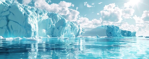 Melting polar ice caps with water levels rising. The serene blue icebergs and calm water reflect a clear sky, highlighting the beauty and fragility of polar regions affected by climate change.