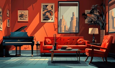 Music Room background flat design front view classic symphony theme animation Complementary Color Scheme