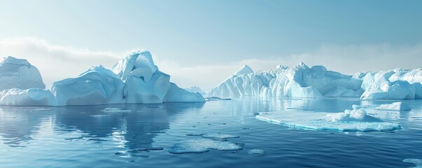 Melting polar ice caps with water levels rising. The serene blue icebergs and calm water reflect a clear sky, highlighting the beauty and fragility of polar regions affected by climate change.