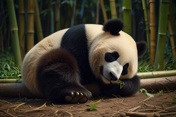 Obraz premium A panda bear sitting on a log in a bamboo forest