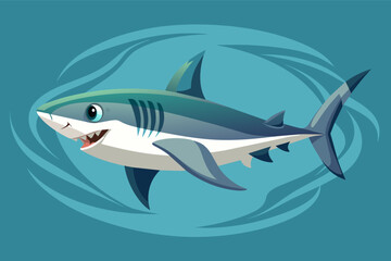 A cartoon shark swimming in a blue background.