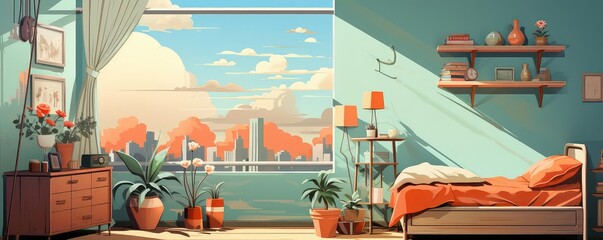 Nursery background flat design side view urban bright and airy theme cartoon drawing Splitcomplementary color scheme