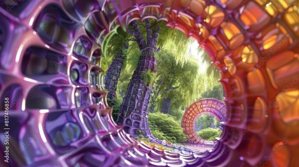 Poster colorful 3d rendering of a glowing tunnel with a bright light at the end of it.