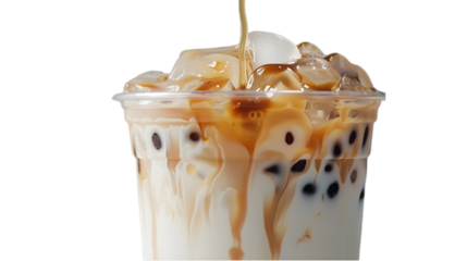  Ultra HD close-up of a tapioca bubble tea with milk, ice, and black tapioca pearls in a clear plastic cup on a, transparent background