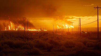 The golden glow of the setting sun casting an eerie light on the oil fields with flames flickering in the distance.