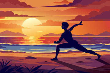 Man practicing yoga on beach at sunset, peaceful and serene setting for relaxation and meditation.